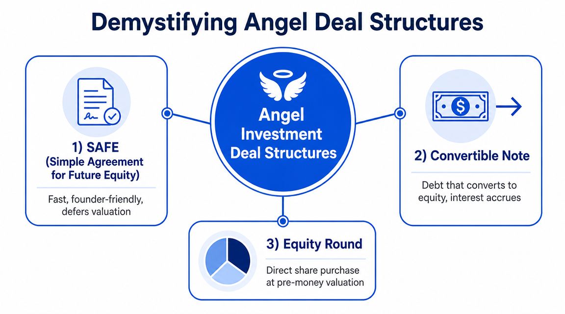 An infographic titled Demystifying Angel Deal Structures showing three types: SAFE, Convertible Note, and Equity Round.