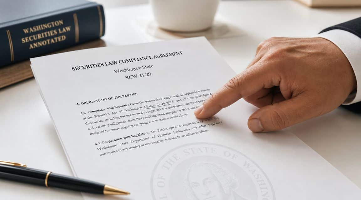A professional hand points to a securities law compliance agreement document on a desk with a law book.