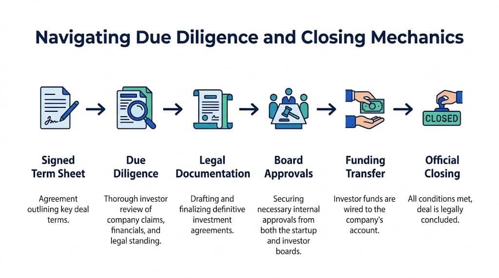 A flowchart showing the six stages of navigating due diligence and the deal closing process for funding.
