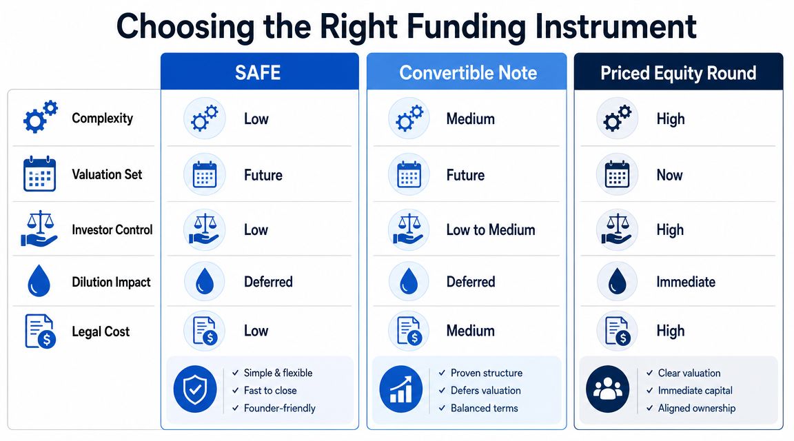 A comparison chart outlining the key differences between SAFE, Convertible Note, and Priced Equity funding instruments for startups.