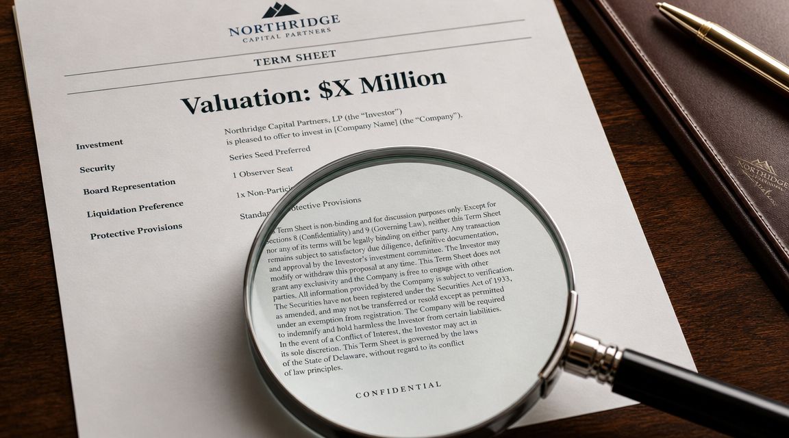 A magnifying glass placed over a Northridge Capital Partners term sheet document on a wooden desk.