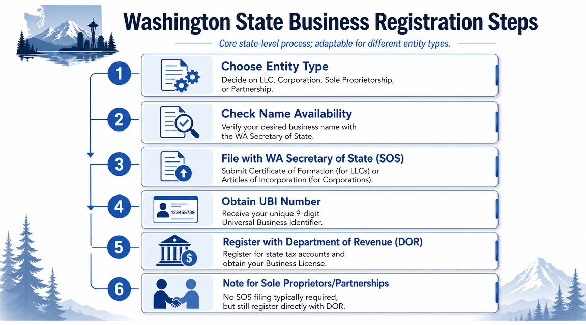 A six-step infographic detailing the official process for registering a new business in Washington State.