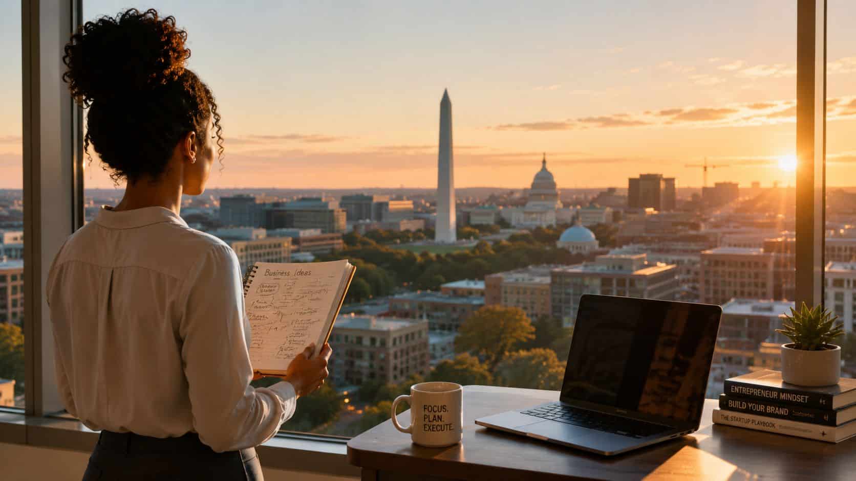 An entrepreneur reviewing business ideas while overlooking the Washington D.C. skyline at sunset from an office.