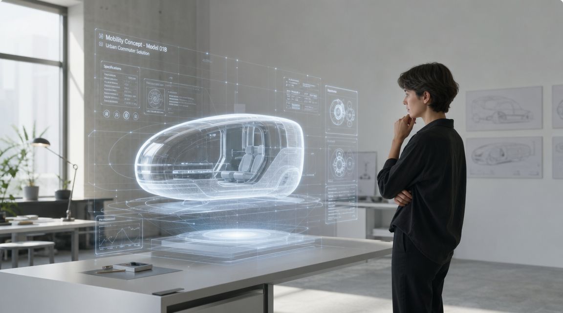 A professional designer examines a futuristic holographic vehicle concept in a modern, sunlit architectural office space.