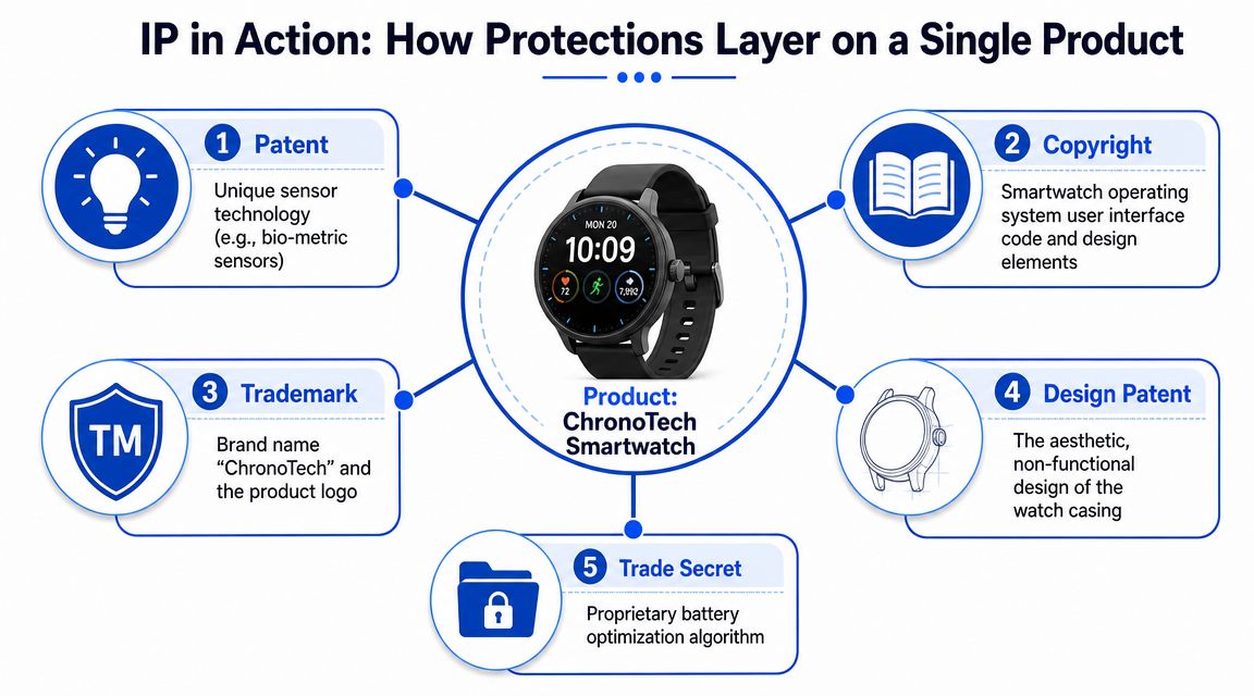 A diagram illustrating five types of intellectual property protections applied to a single ChronoTech smartwatch product.