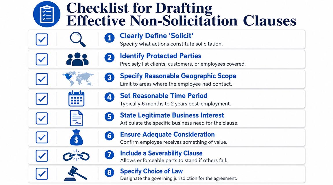 A checklist infographic outlining eight essential steps for drafting effective legal non-solicitation clauses in employment contracts.