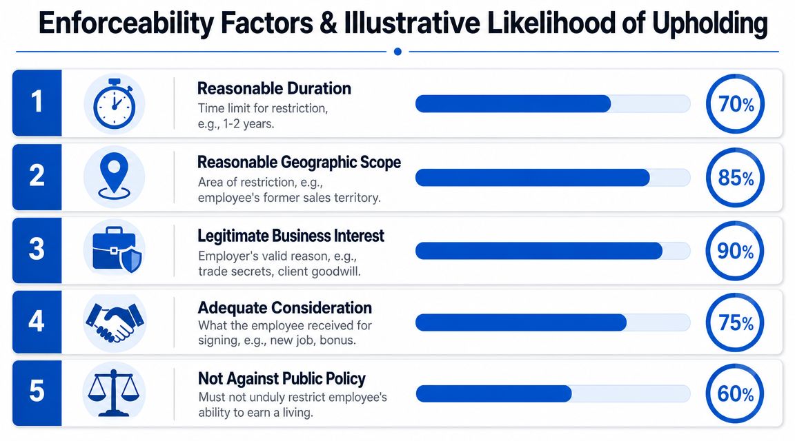 A chart illustrating five key factors that determine the enforceability and likelihood of upholding non-solicitation agreements.