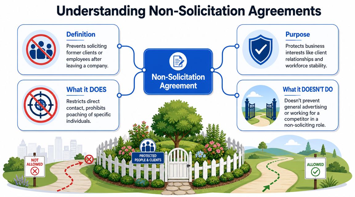 An infographic explaining non-solicitation agreements including their definition, purpose, and what is allowed or prohibited.