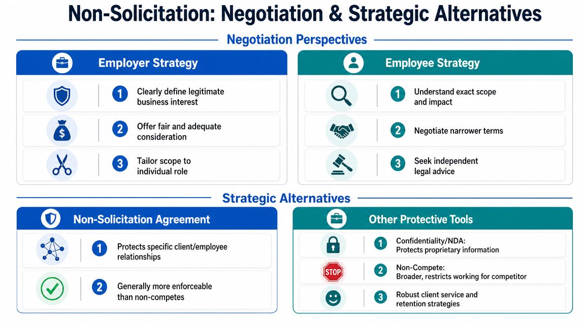 A visual guide outlining negotiation perspectives and strategic alternatives for non-solicitation agreements between employers and employees.