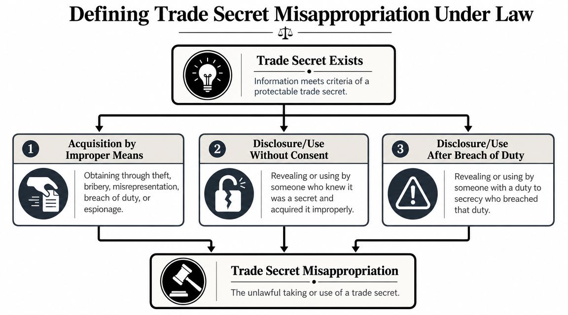 A flowchart outlining the legal definitions and three key forms of trade secret misappropriation.