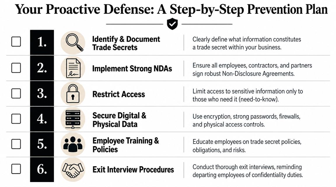 A six-step checklist outlining proactive business strategies to protect and prevent the misappropriation of trade secrets.