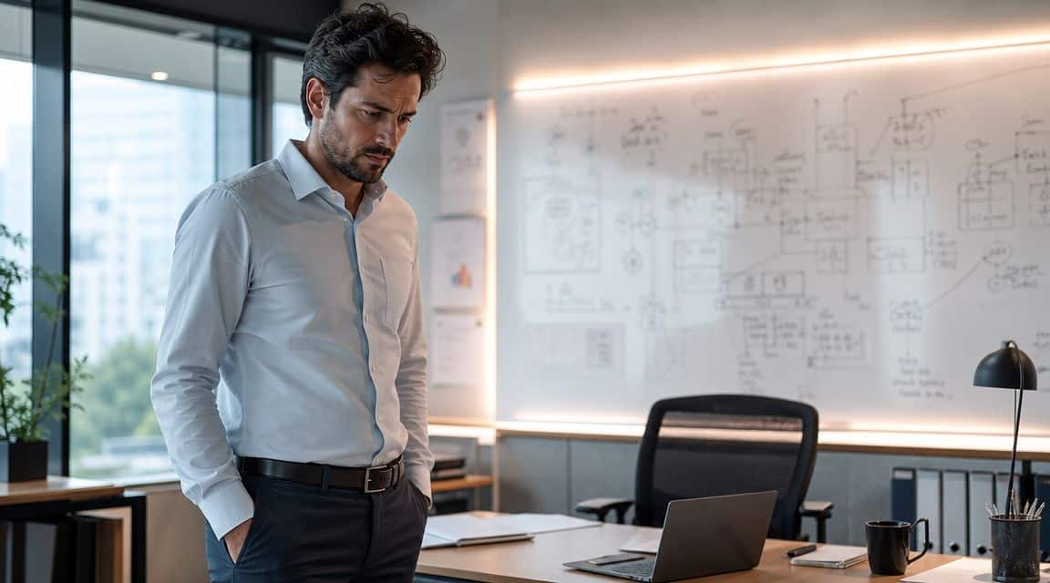 A professional man standing in an office, looking down with a thoughtful expression near a whiteboard.