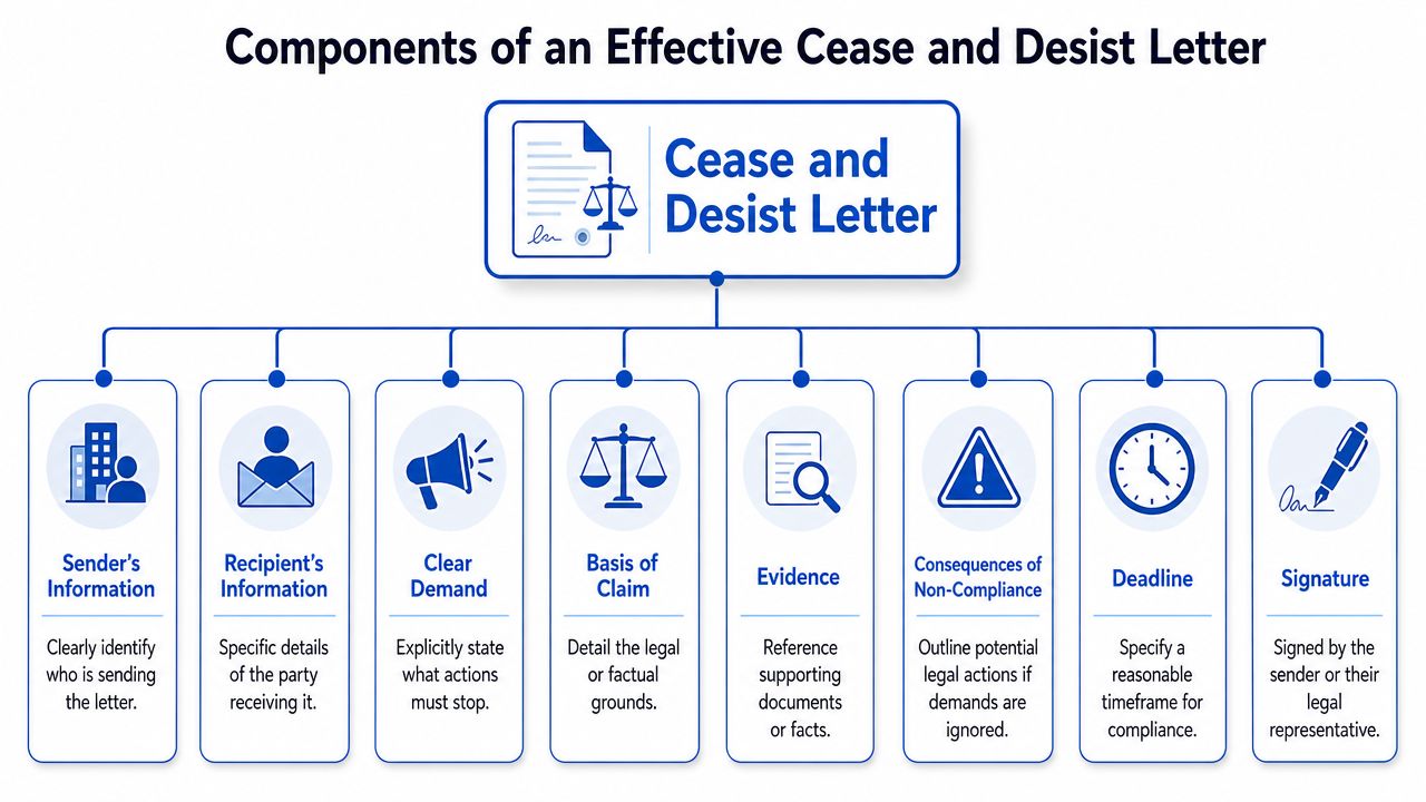 A diagram illustrating the eight key components required to create an effective cease and desist letter.