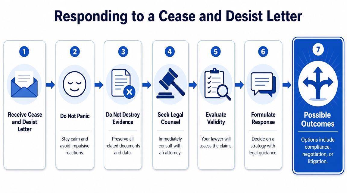A seven-step flowchart infographic explaining the professional process for responding to a cease and desist letter.