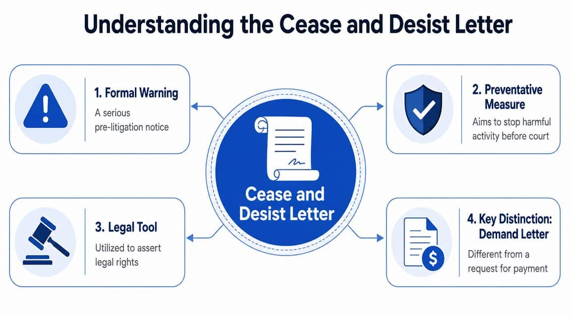 An infographic titled Understanding the Cease and Desist Letter detailing its four primary functions and legal purpose.