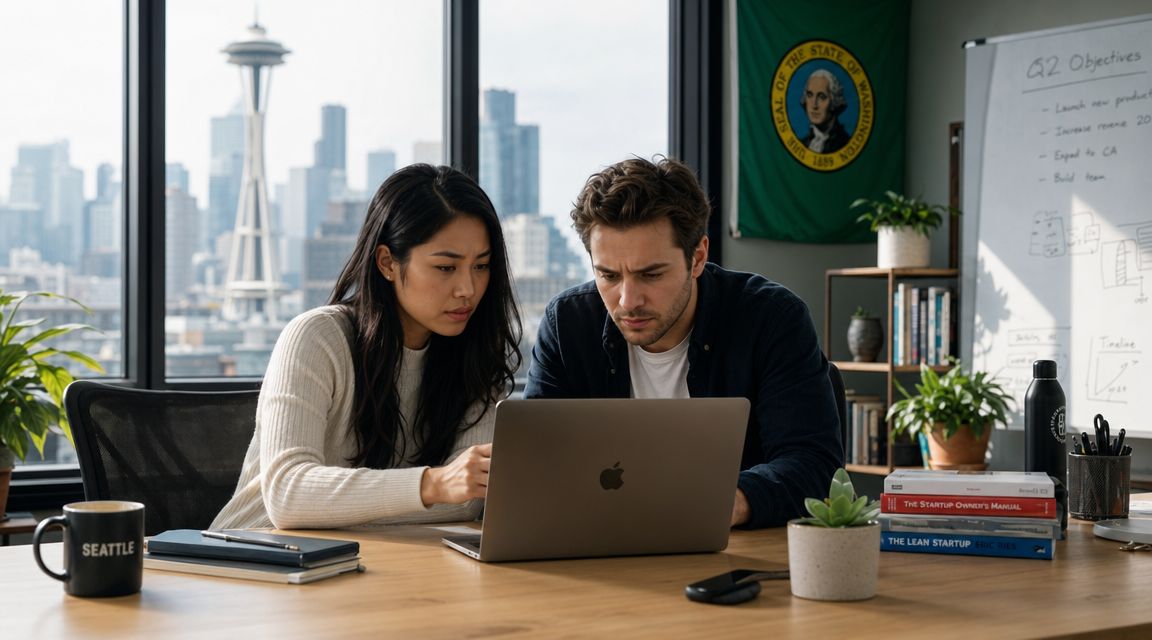 A man and a woman collaborating on a laptop in a modern office overlooking the Seattle skyline.