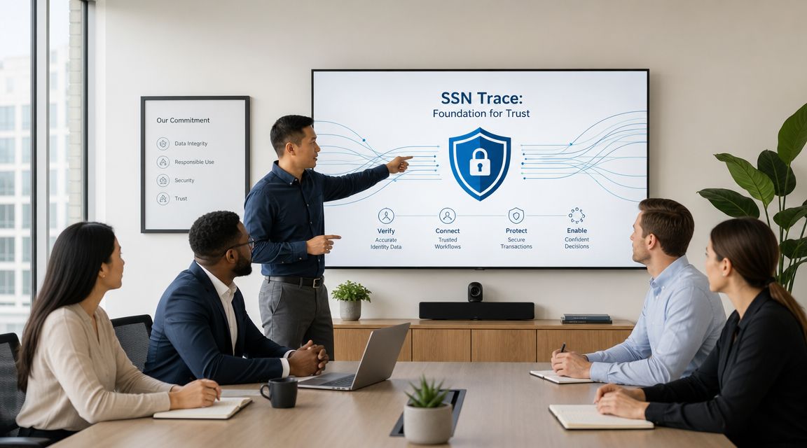 A professional business meeting where a speaker presents information about SSN Trace and data security to colleagues.