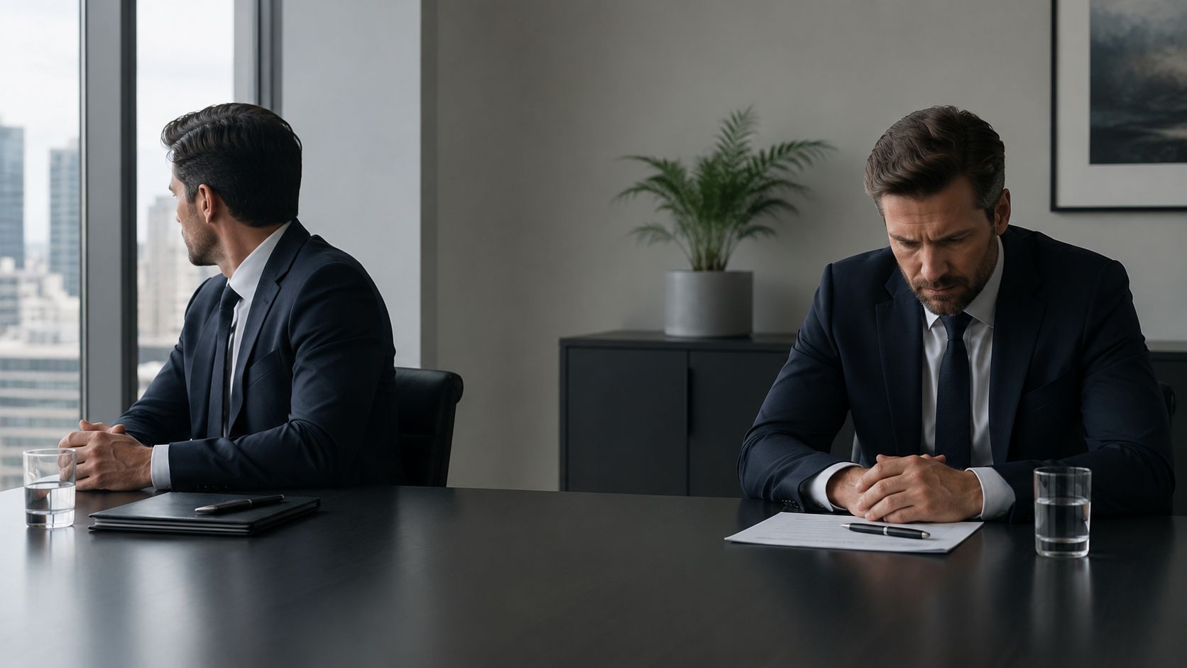 Two professional businessmen in suits sitting at an office table appearing stressed, upset, or in disagreement.