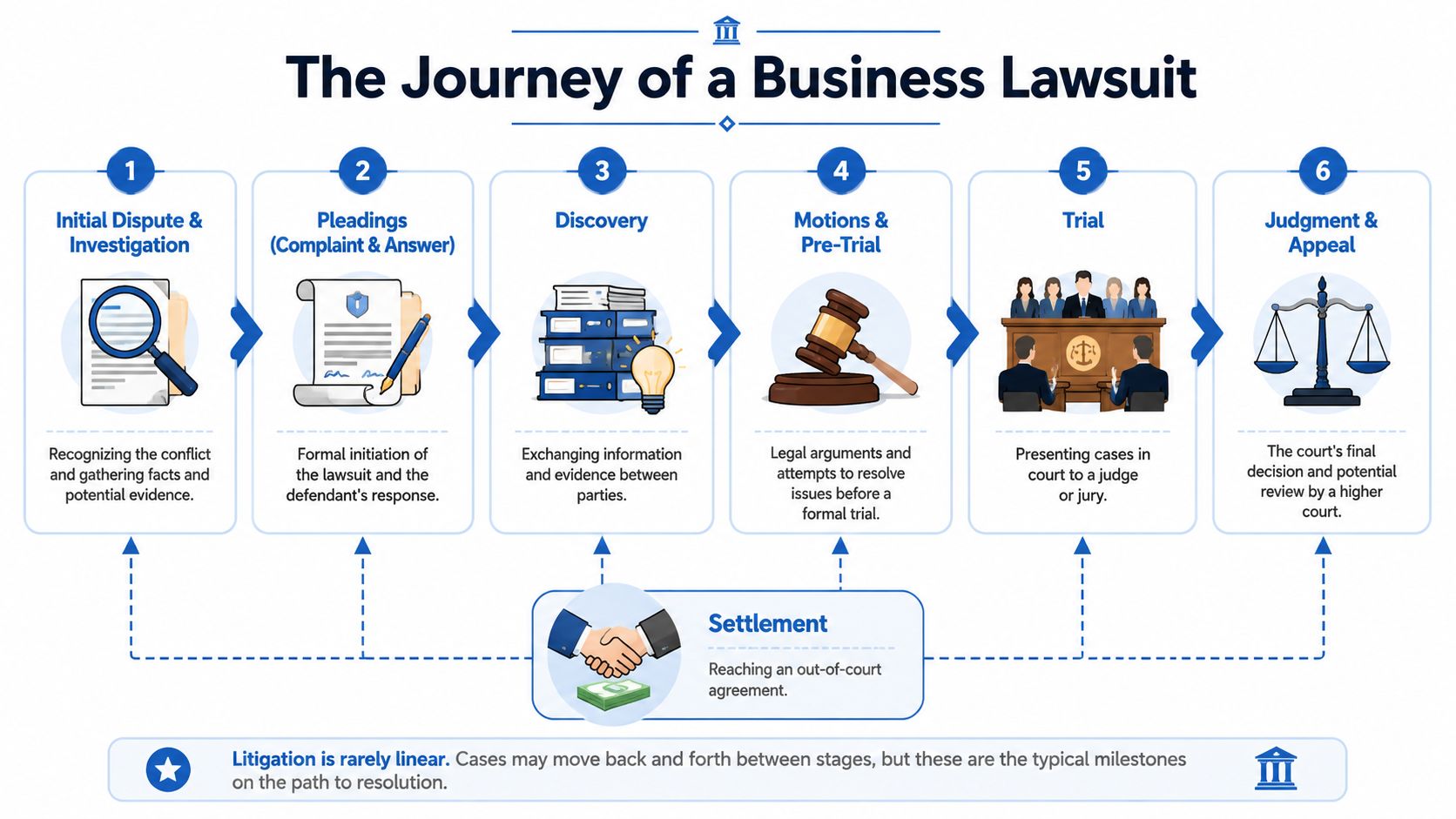 A diagram illustrating the six typical stages of a business lawsuit from investigation to potential appeal.