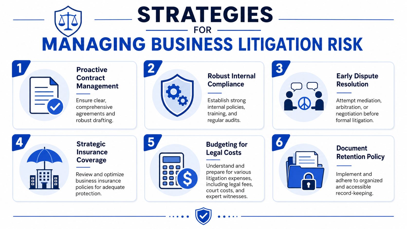 An infographic outlining six key strategies for effectively managing and reducing potential business litigation risks for companies.