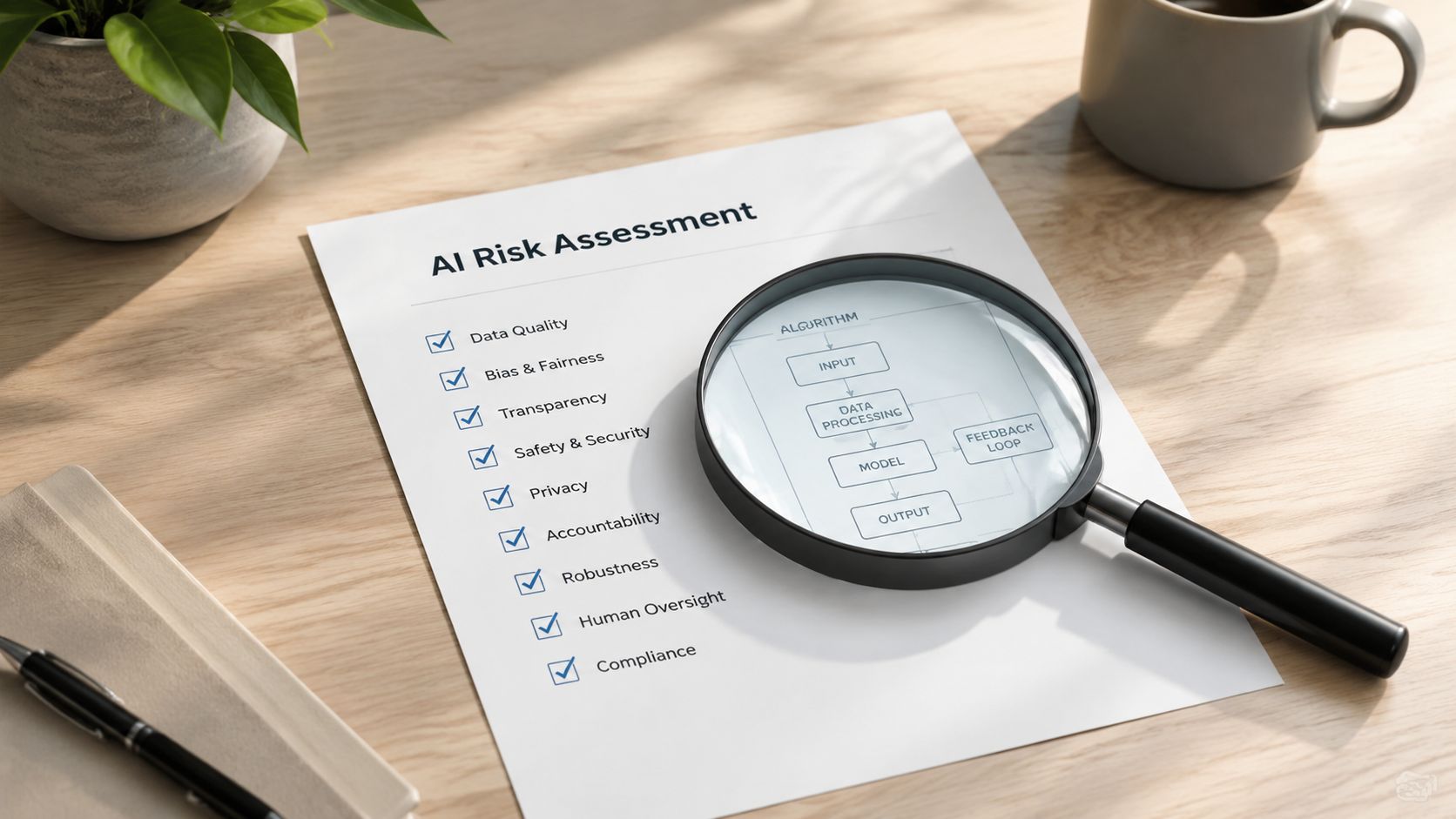 A magnifying glass placed over an AI risk assessment checklist on a desk with a plant and coffee.