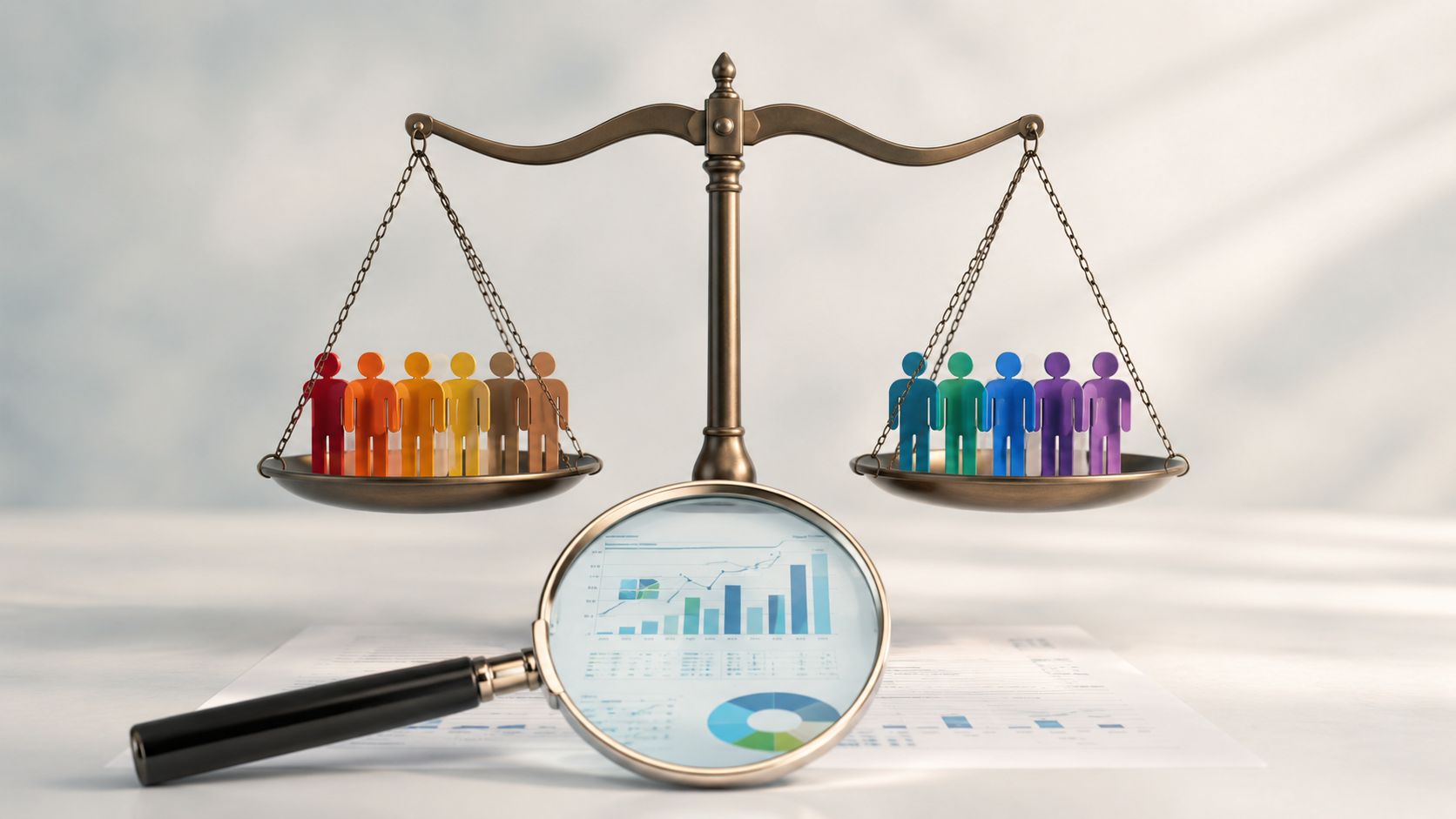 A conceptual image showing a balance scale weighing two groups of colorful 3D human figurines with a magnifying glass examining data charts.