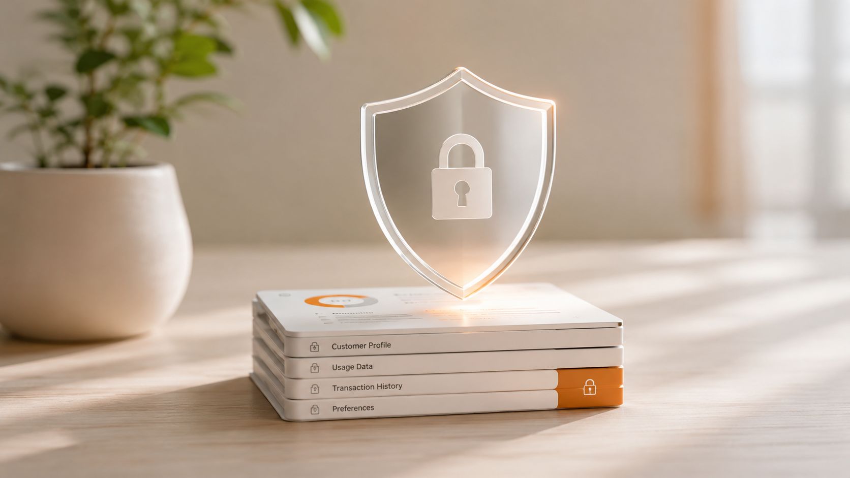 A conceptual 3D illustration featuring a floating glass shield with a lock icon above layered data files.