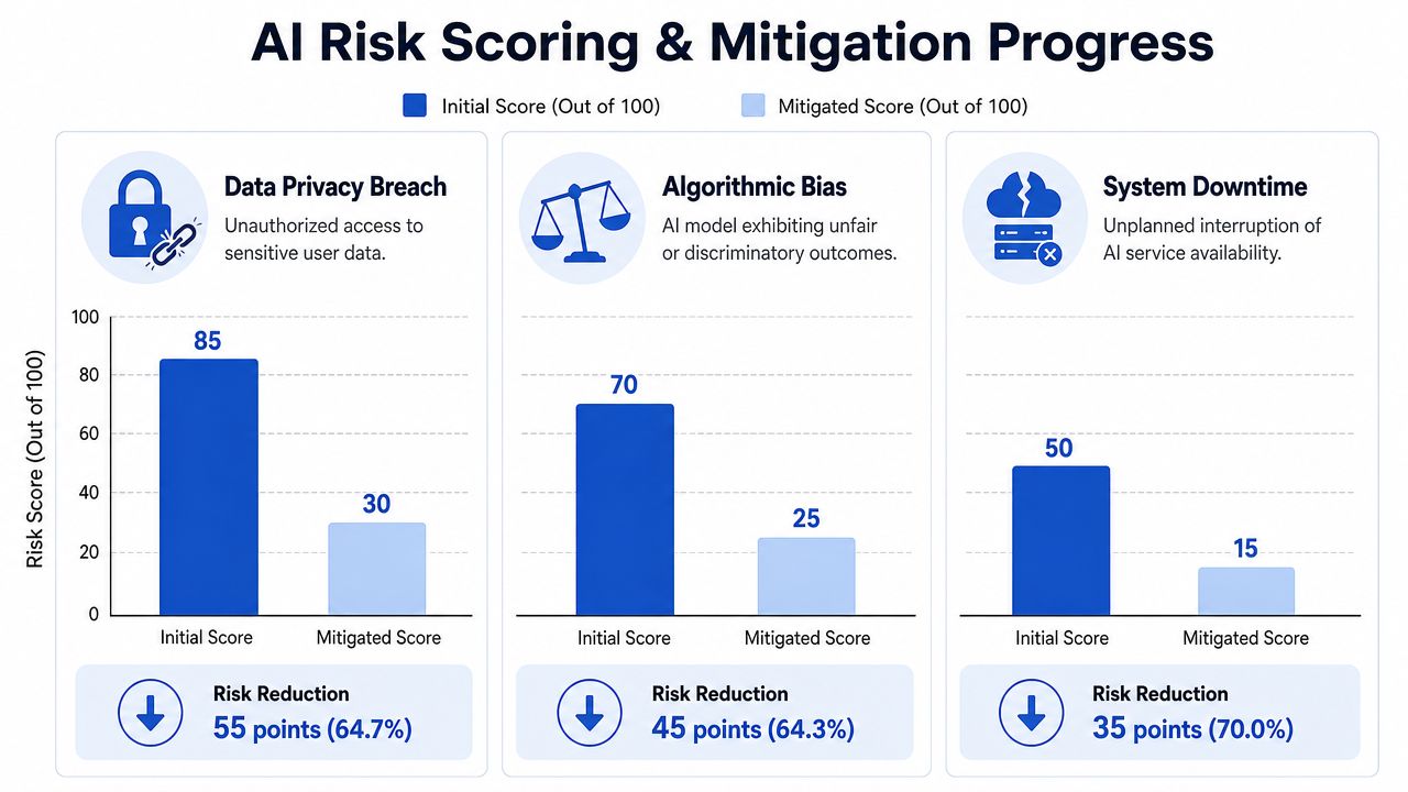 A chart showing AI risk scoring and mitigation progress across three categories: data privacy, algorithmic bias, and downtime.