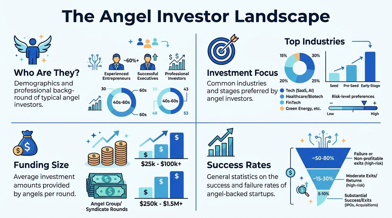 An infographic titled The Angel Investor Landscape showing demographics, industries, funding sizes, and startup success rates.