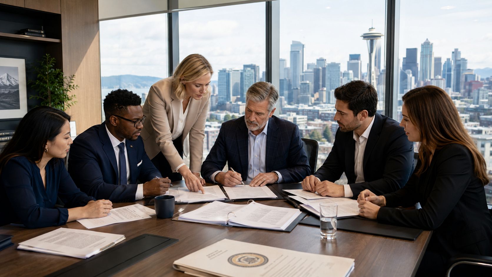 A diverse group of professionals reviewing contracts in a modern boardroom with a city skyline view.