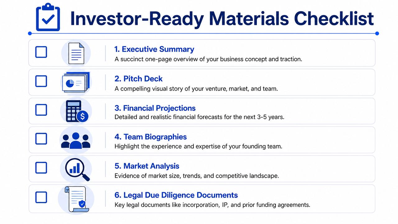A checklist of essential business documents needed to present to angel business investors for funding.