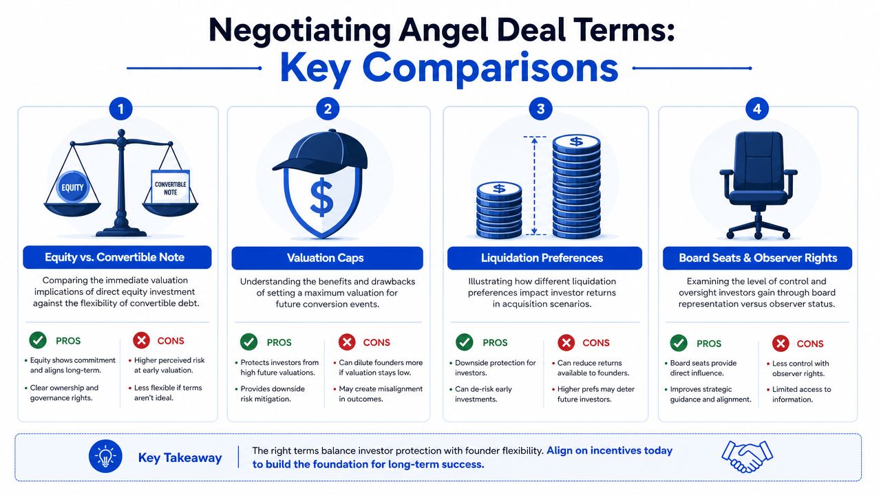 An infographic detailing key considerations for negotiating deal terms between angel investors and startup founders.