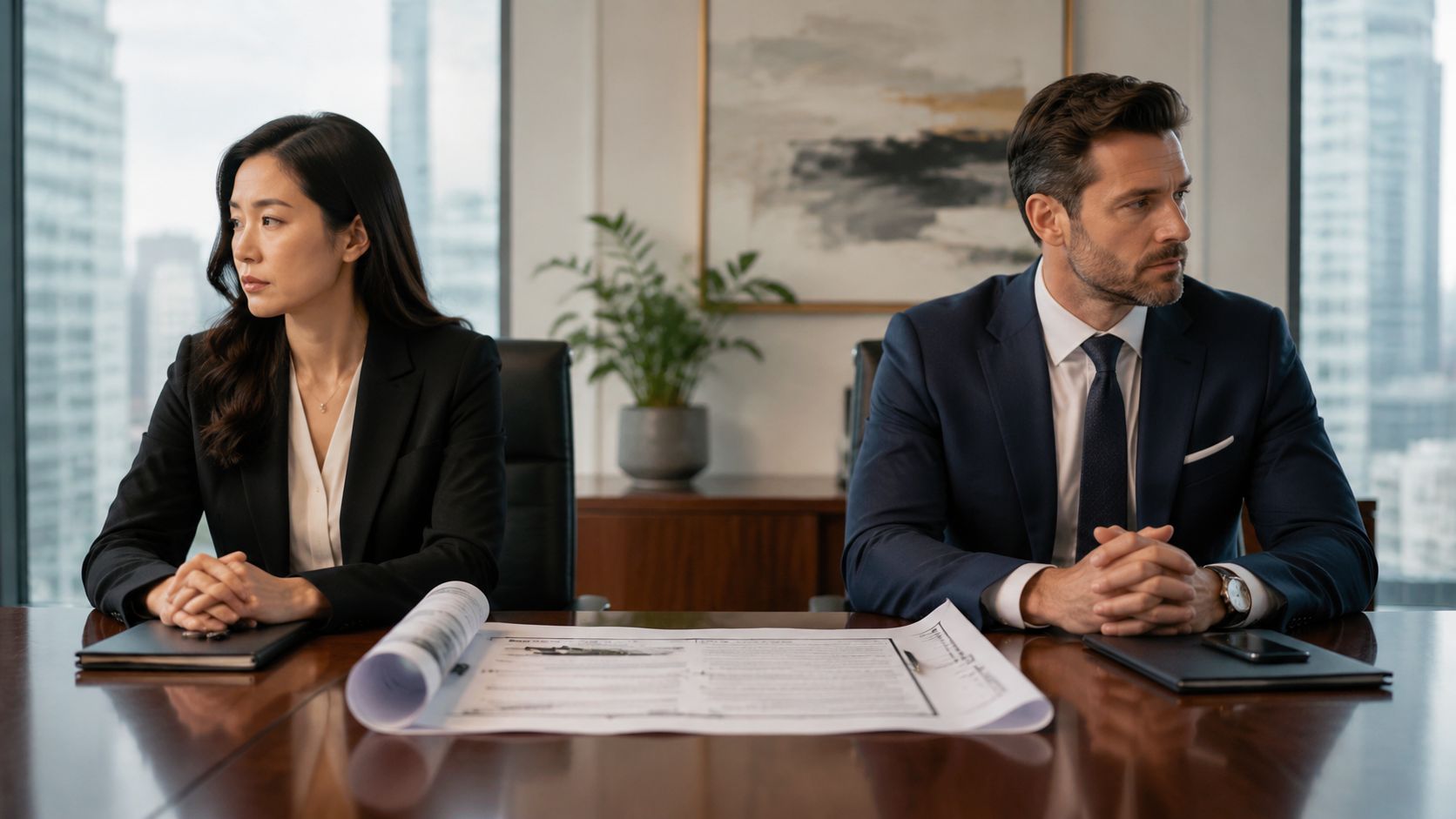 A professional man and woman sitting at a boardroom table appearing tense during a business negotiation.