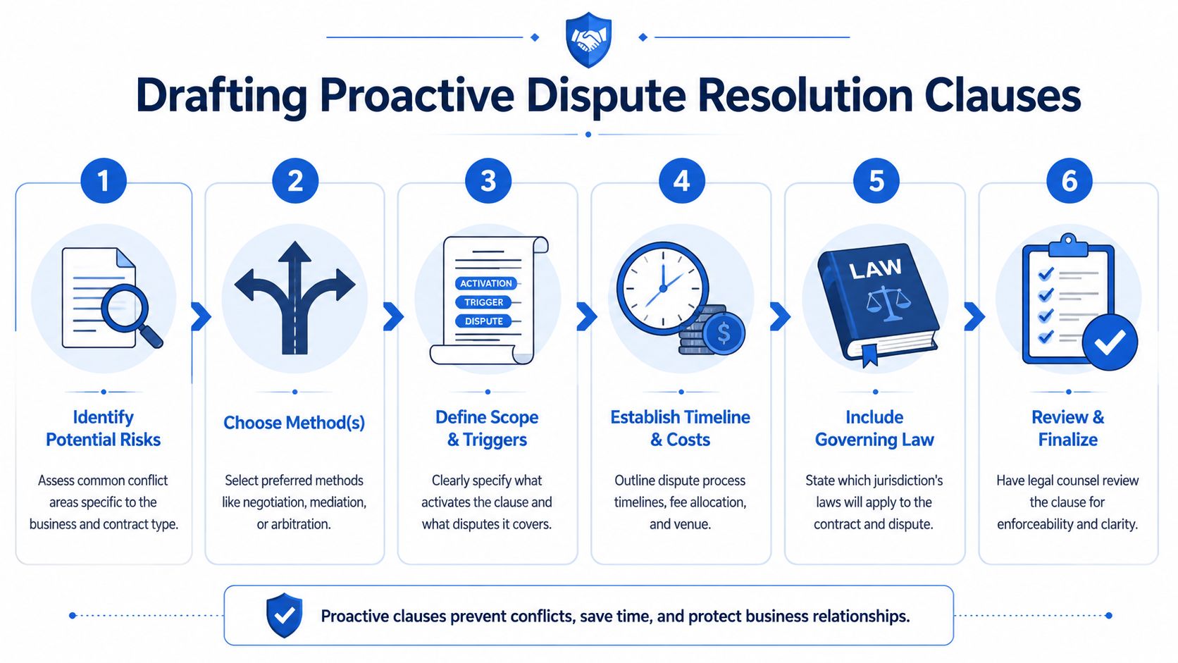 A six-step infographic guide on drafting proactive dispute resolution clauses for business contracts and legal agreements.