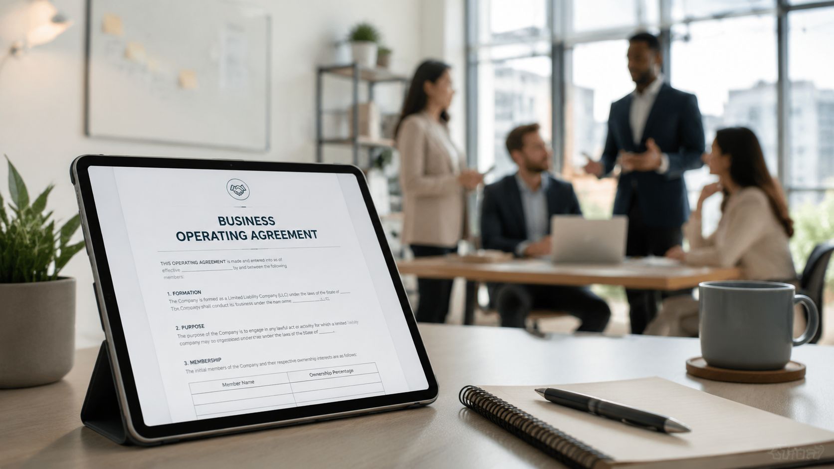 A digital tablet displaying a business operating agreement template sits on an office desk during a meeting.