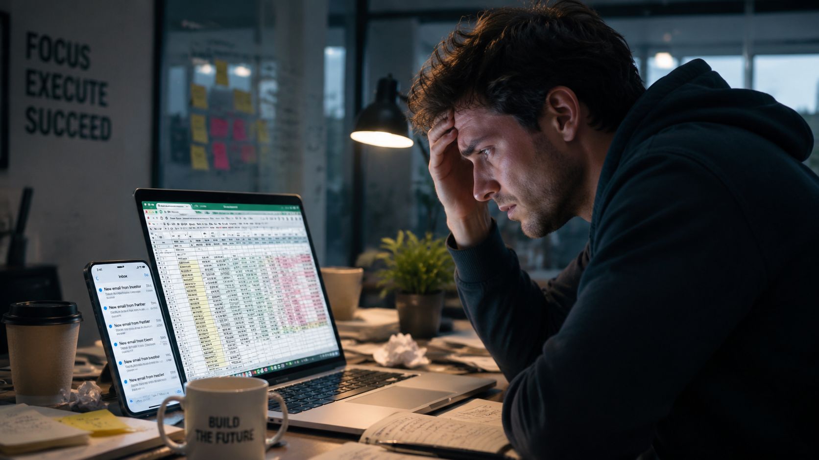 A stressed man working late at night on a laptop with a complex spreadsheet.