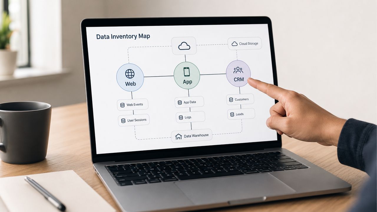 A person pointing at a digital data inventory map displayed on a laptop screen.