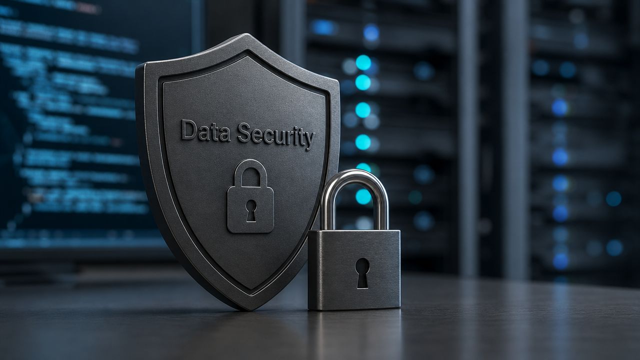 A metallic shield with the words Data Security and a padlock icon next to a physical lock.