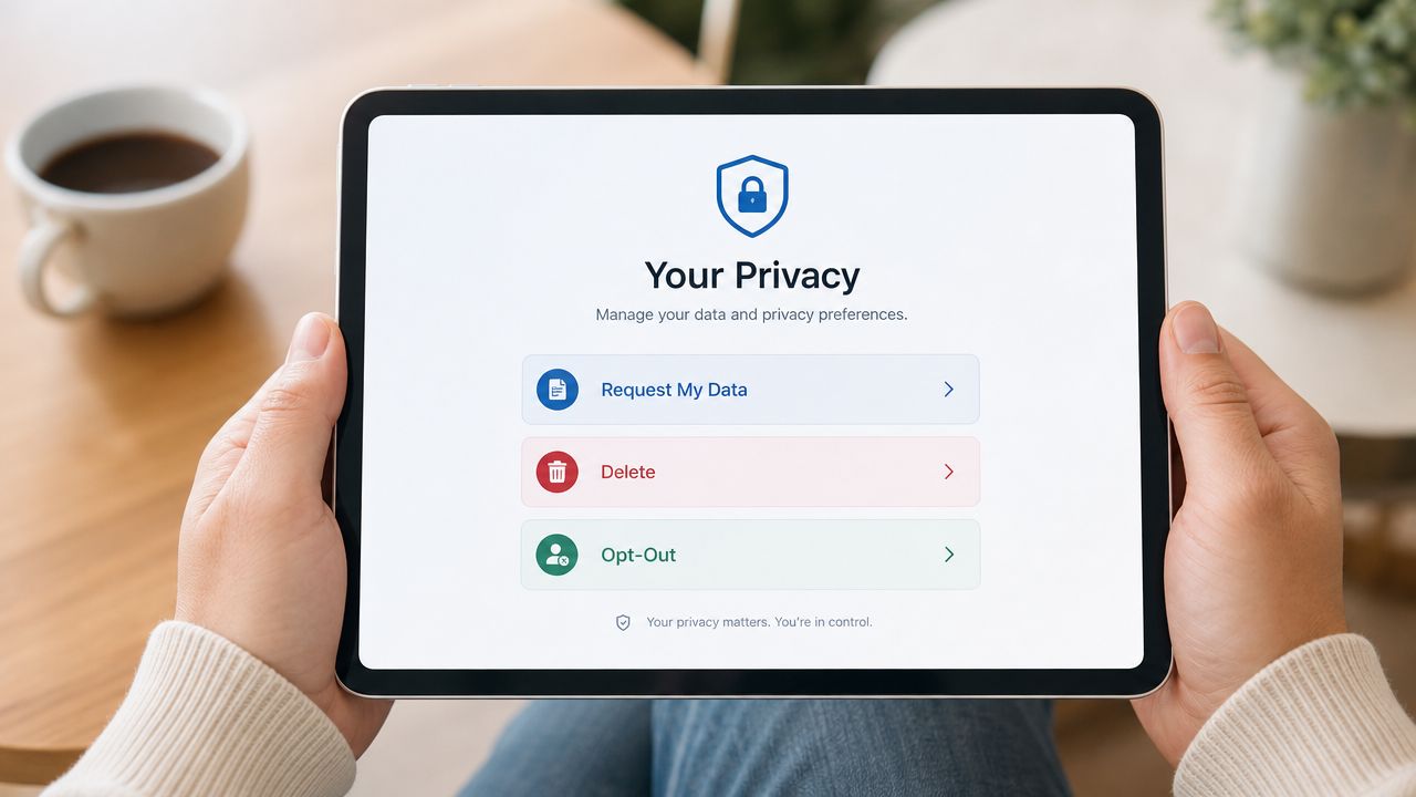 A person holding a tablet displaying a privacy management interface with options for data requests and deletion.