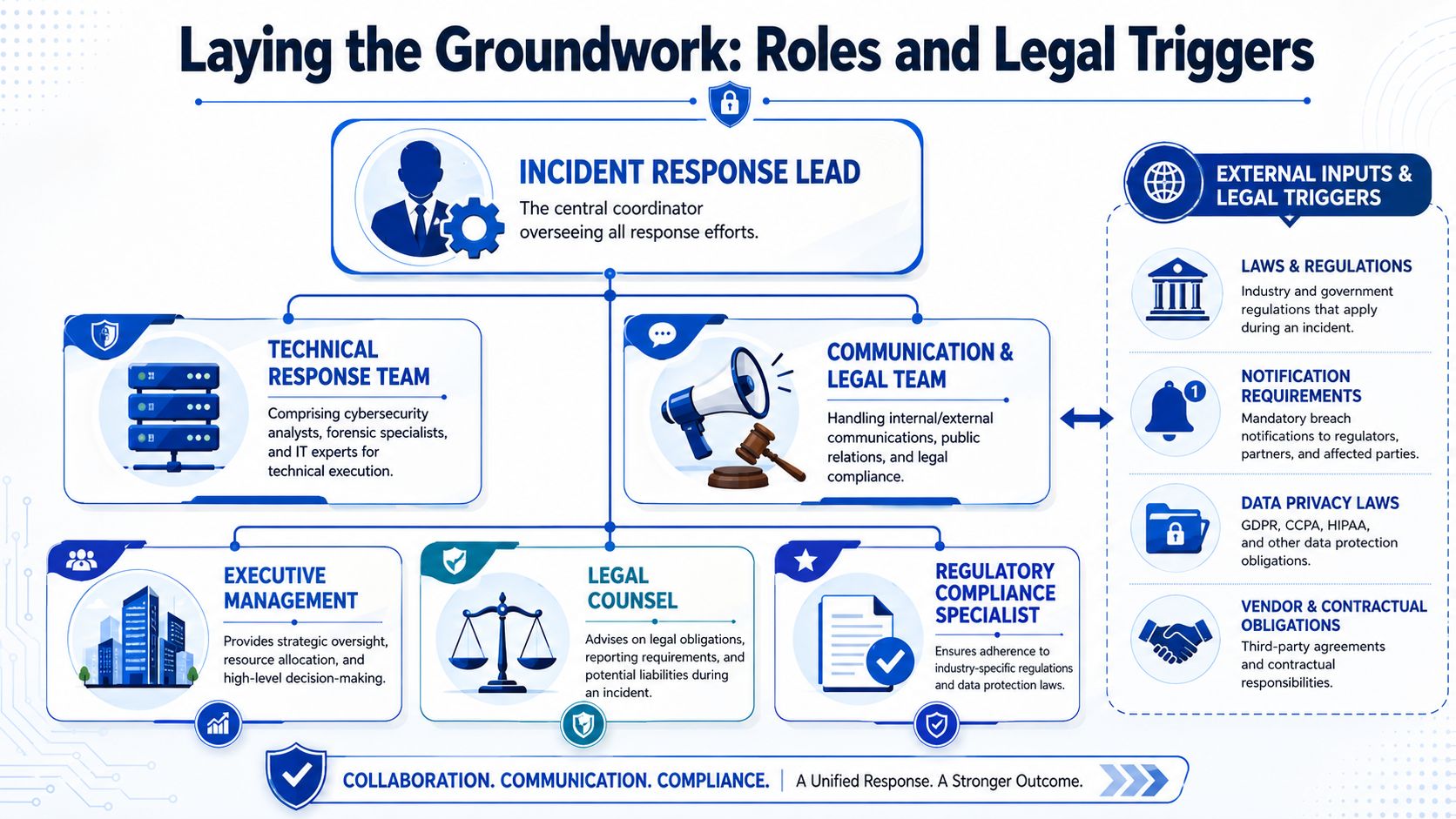 An organizational chart illustrating roles, legal triggers, and collaborative structures for an effective cyber incident response plan.