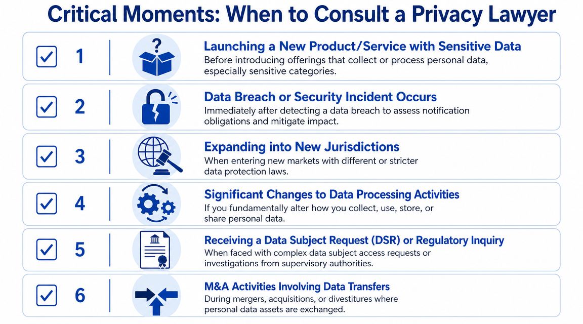 A checklist infographic titled Critical Moments: When to Consult a Privacy Lawyer with six key business scenarios.