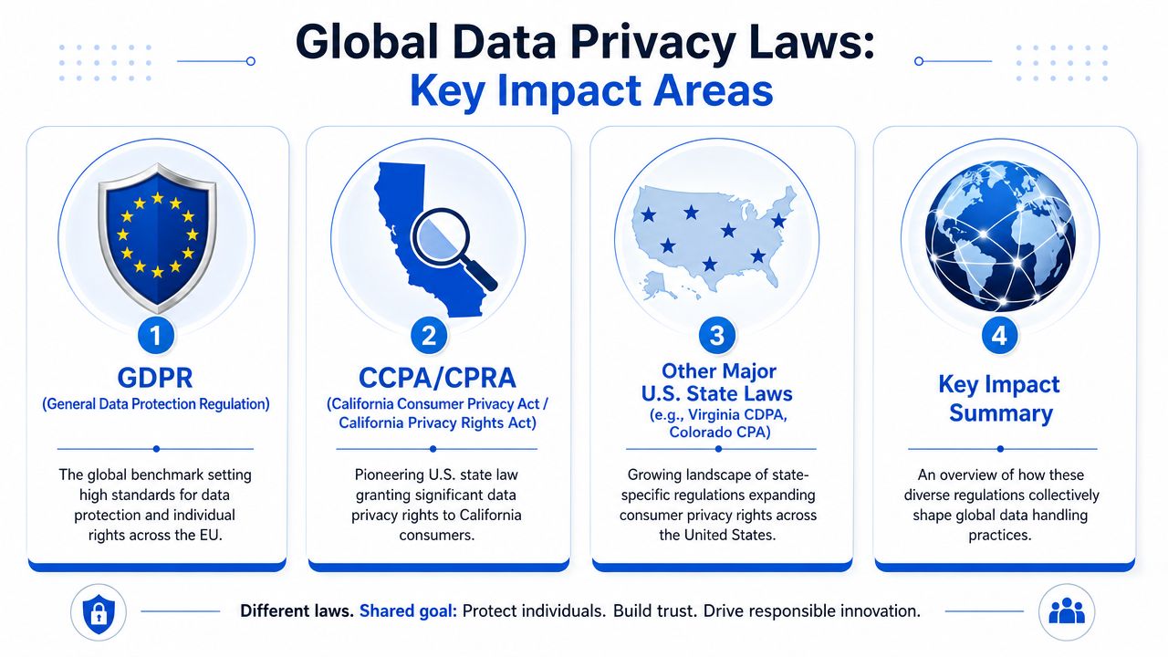 An infographic showing four key global data privacy regulations including GDPR, CCPA/CPRA, and other U.S. state laws.