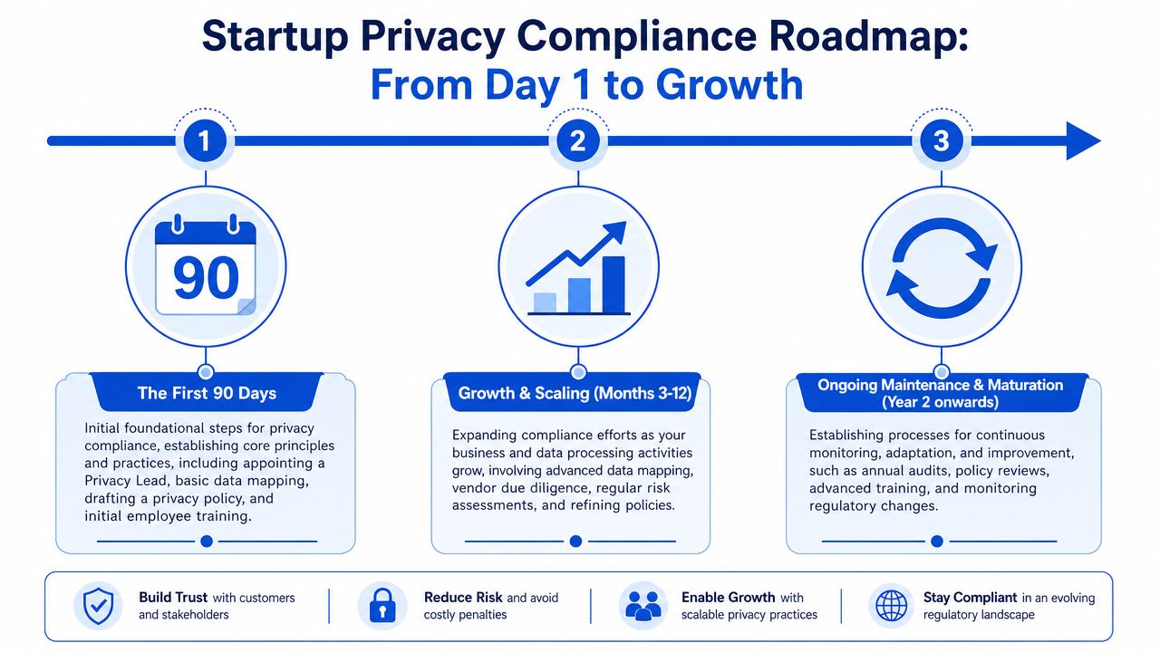 A visual roadmap outlining startup privacy compliance stages from the first 90 days to long-term growth.