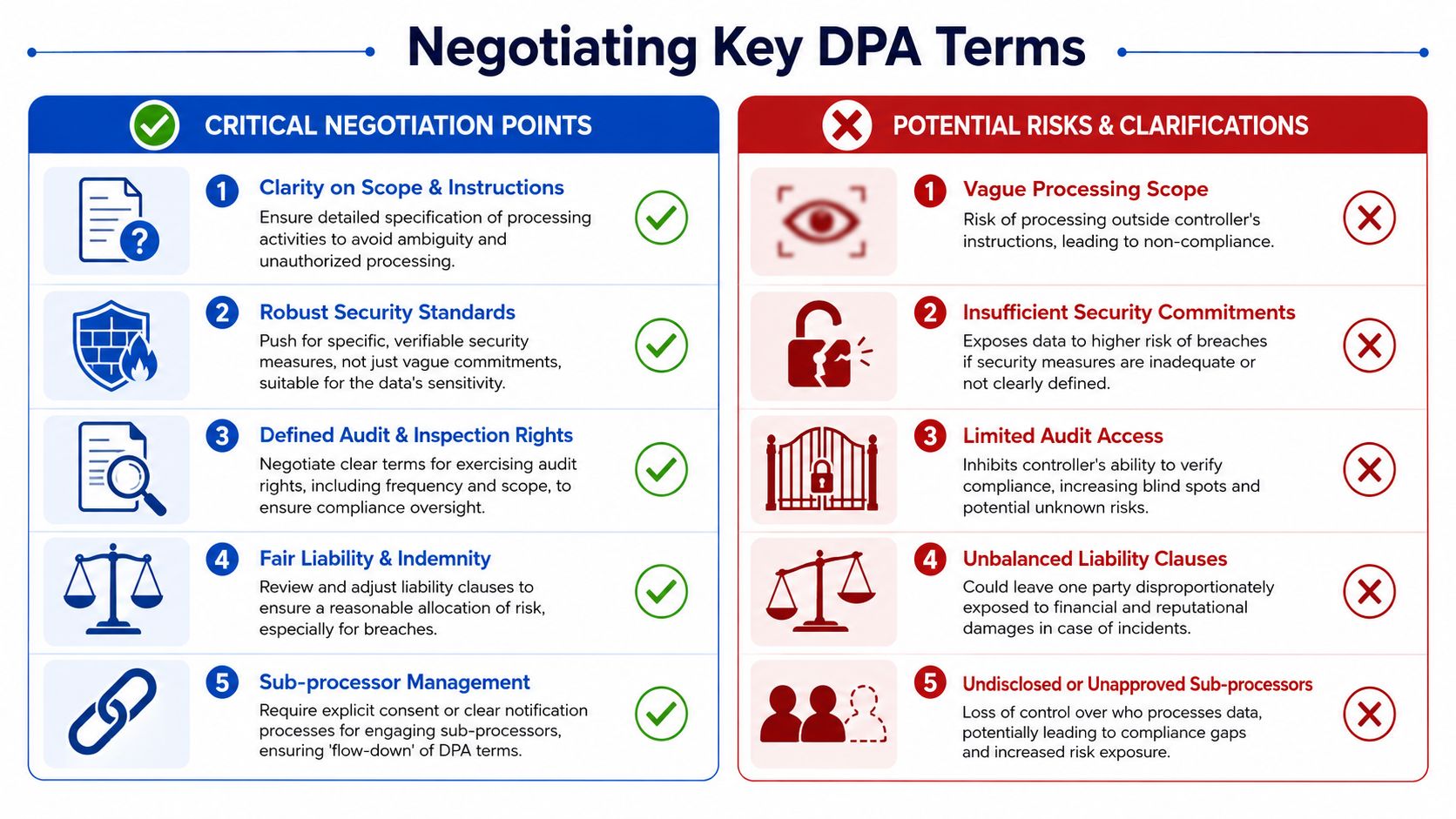 A comparison chart outlining key negotiation points and potential risks regarding data processing agreement terms.
