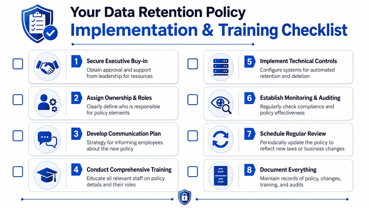 A checklist infographic outlining eight essential steps for implementing and training staff on a data retention policy.