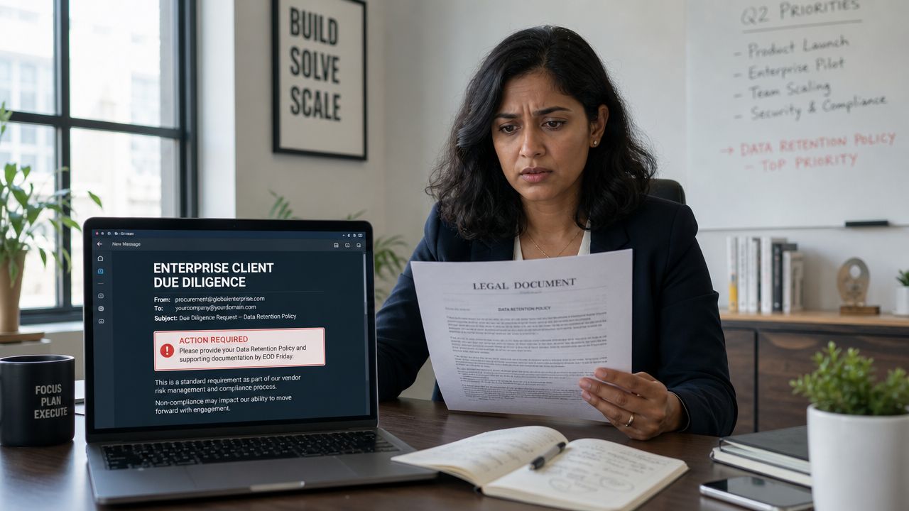 A concerned professional reviewing a legal data retention policy document while working on her laptop in an office.