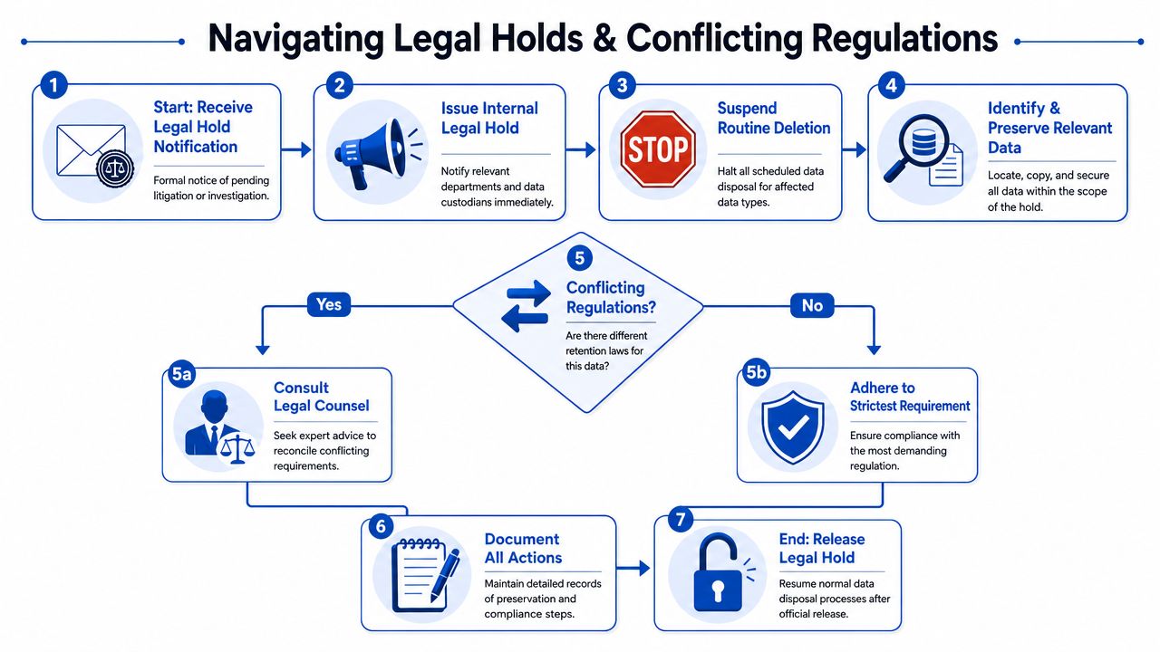 A seven-step flow chart illustrating the process of managing legal holds and resolving conflicting data regulations.