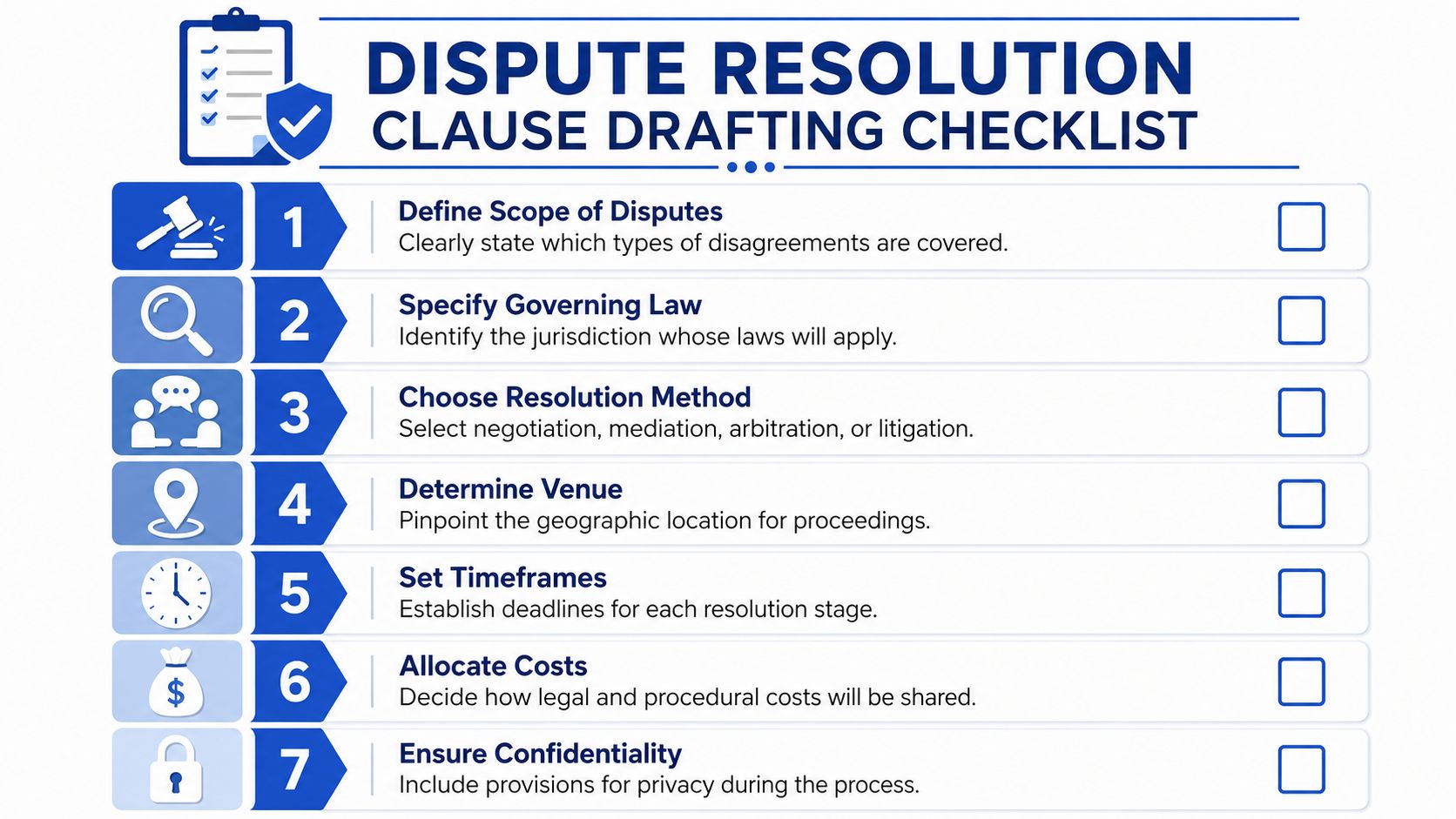 A checklist for drafting dispute resolution clauses outlining seven key steps to consider in legal agreements.