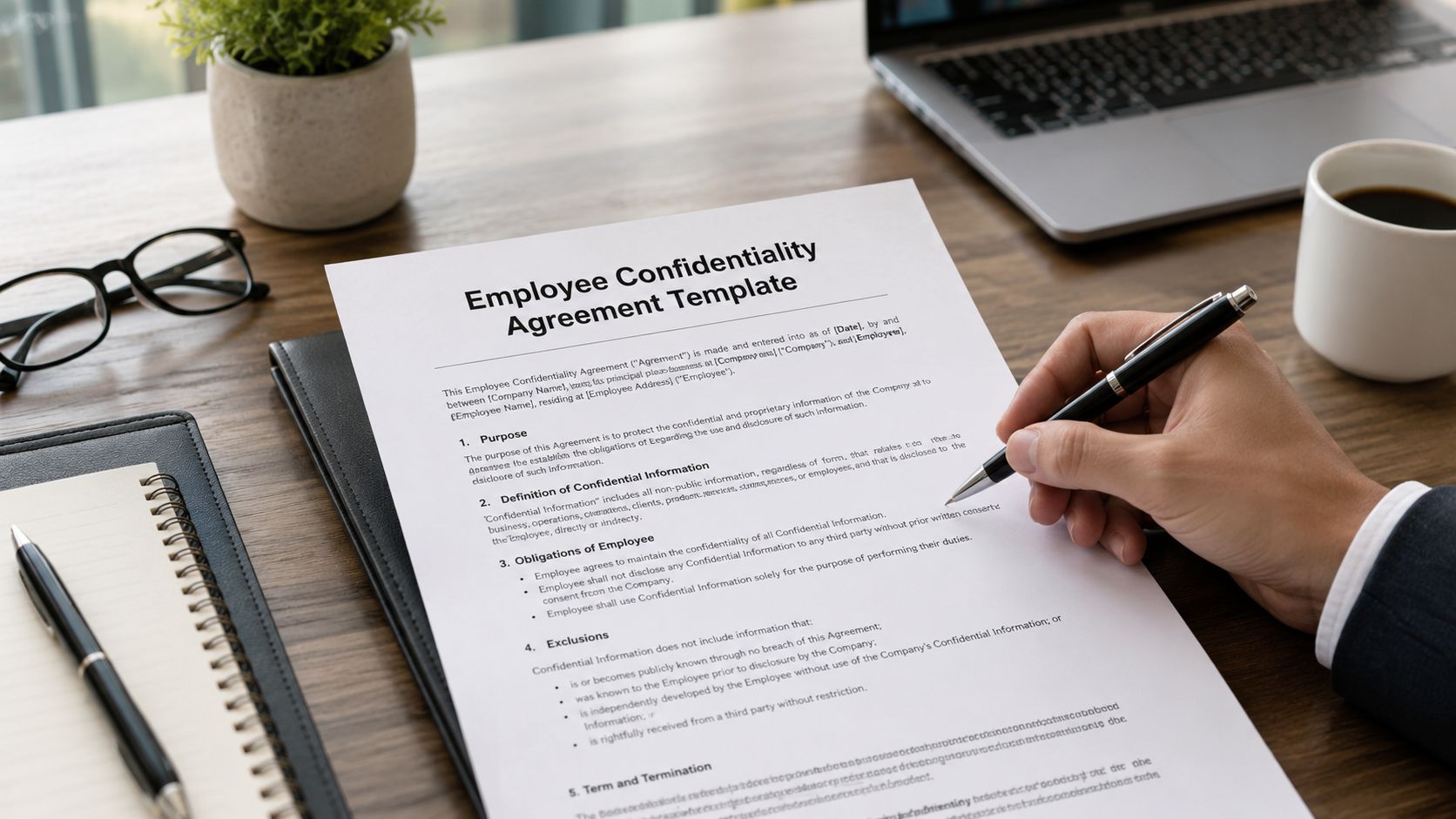 A professional signing an employee confidentiality agreement template on a desk with a laptop and coffee.