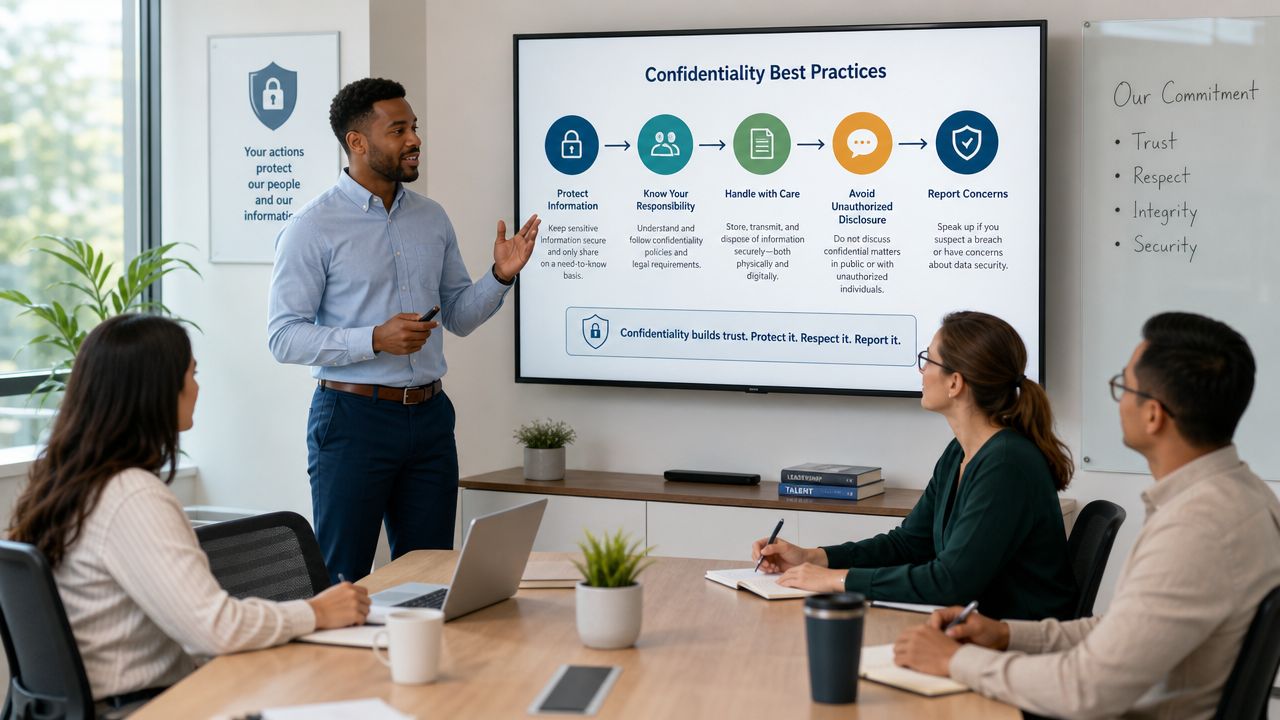 A professional man presenting a confidentiality best practices guide to a small team in an office meeting room.